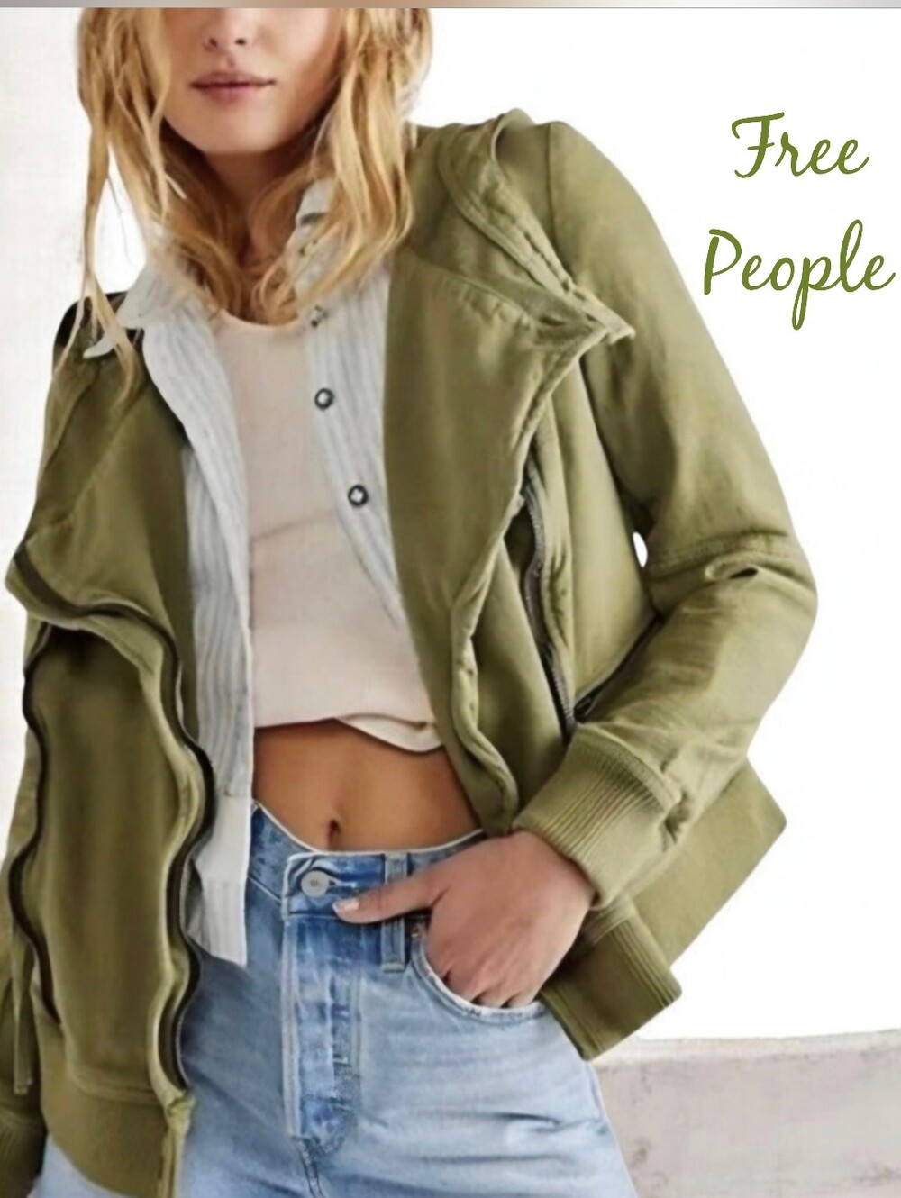 Free People Carmen Army Green Moto Jacket Size Large